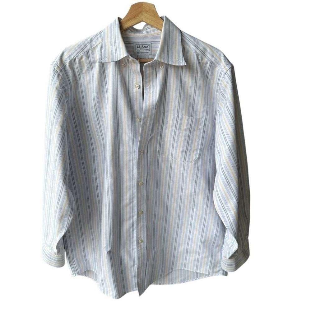 LL Bean Button Down Shirt Traditional Fit Striped Blue Yellow Mens 15.5-32